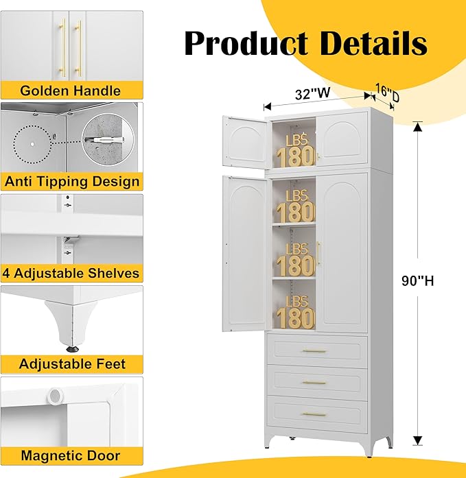 Kitchen Pantry Cabinet竊?0" Storage Cabinets with Doors and Shelves,Metal Pantry Cabinet with 3 Drawers,White Kitchen Cupboard for Livingroom,Pantry, Bathroom