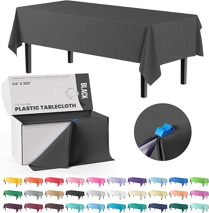 54 Inch X 300 Feet Value Pack Black Plastic Table Cover Roll in A Cut - to - Size Box with Convenient Slide Cutter. Cuts Up to 36 Rectangle 8 Feet Plastic Disposable Tablecloths