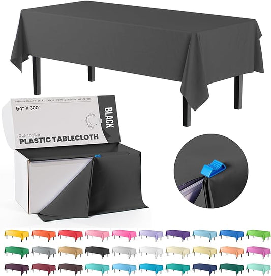 54 Inch X 300 Feet Value Pack Black Plastic Table Cover Roll in A Cut - to - Size Box with Convenient Slide Cutter. Cuts Up to 36 Rectangle 8 Feet Plastic Disposable Tablecloths