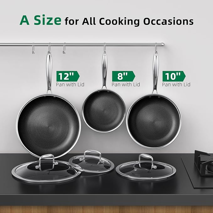 MOMOSTAR Hybrid Nonstick 6-Piece Fry Pan Set, 8, 10, and 12-Inch Pots and Pans with Tempered Glass Lids, Stay-Cool Handles, Dishwasher-Friendly, Induction Ready, Compatible with All Cooktops