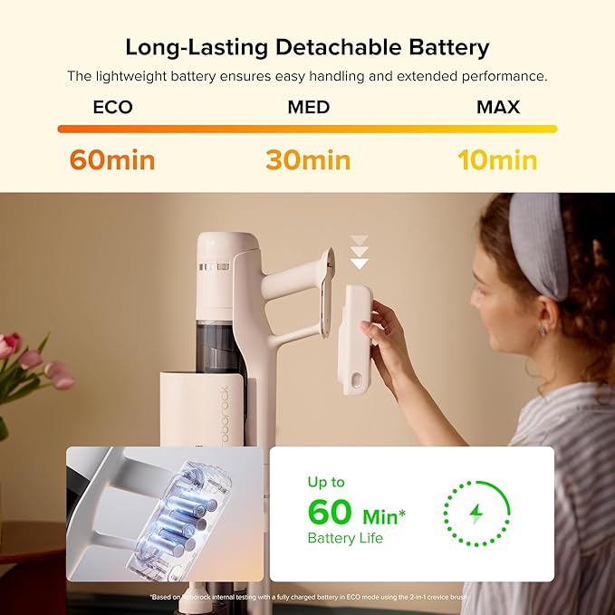 roborock H60 Hub Cordless Stick Vacuum Cleaner with Auto-Empty Dock, 115AW Suction for Carpets and Hard Floors, Vacuum Cleaners with 60-Min Runtime, Anti-Tangle Brush, 140째 Green LED Dust Detection