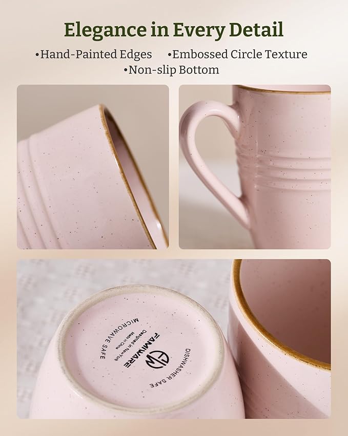famiware Jupiter Coffee Mugs Set of 4, 14 OZ Coffee Mug, Microwave and Dishwasher Safe, Coffee Cups with Handle for Coffee, Tea, Cocoa, Milk, Light Pink