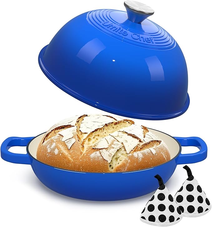 Enamelled Cast Iron Dutch Oven Pot ??Dutch Oven Pot with Lid For Sourdough Bread Baking ??Cast Iron Bread Oven ??Dark Blue, Umite Chef 6QT Pot with Lid & Cotton Potholders