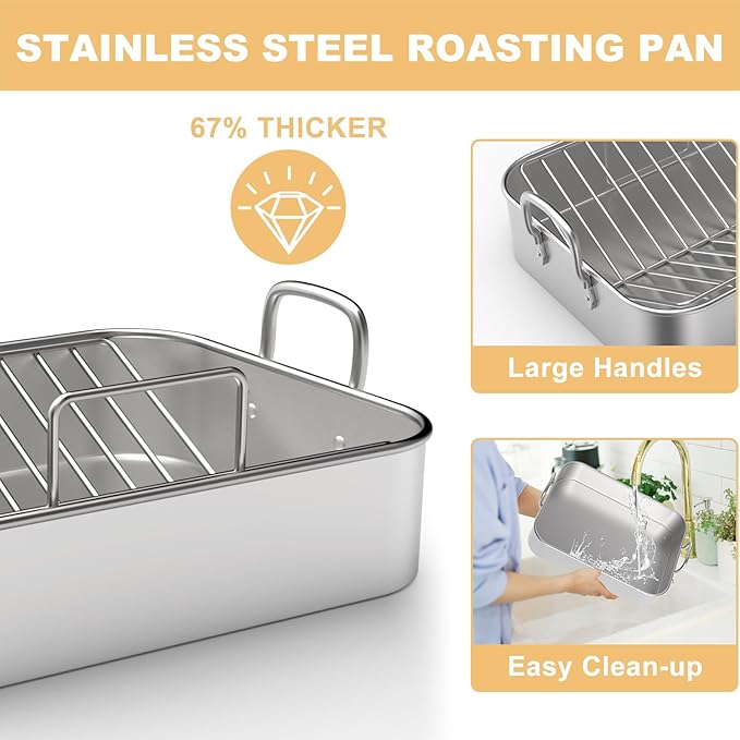 Stainless Steel Roasting Pan, 17*13 Inch Turkey Roaster with Rack - Deep Broiling Pan & V-shaped Rack & Flat Rack, Non-toxic & Heavy Duty, Great for Thanksgiving Christmas Roast Chicken Meat Lasagna