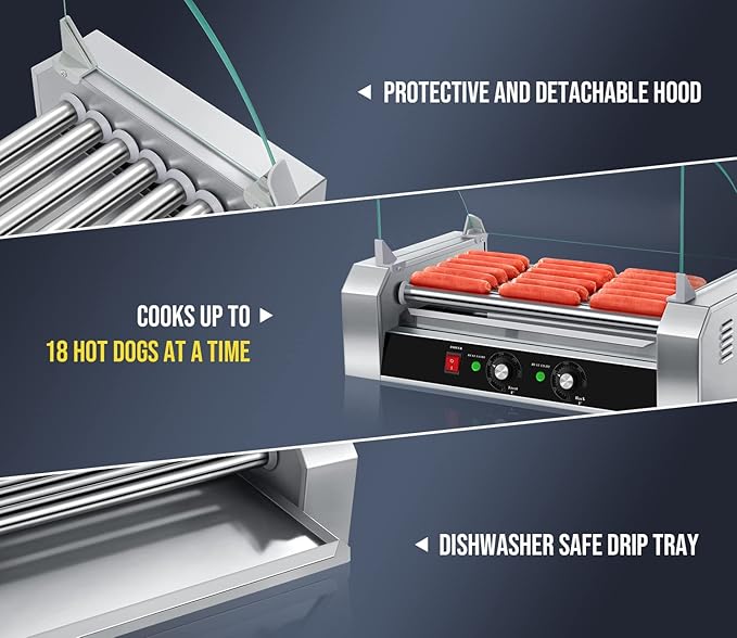 SYBO Hot Dog Roller - 18 Capacity, Non-stick Stainless Steel Rollers, Detachable Glass Cover, 1000-Watts, ETL Certified