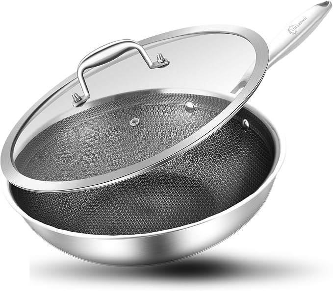 LOLYKITCH Hybrid 10 Inch Tri-Ply Stainless Steel Wok Pan with Lid,Ceramic Non Stick Stir Fry Pan,Induction Cooking Pan,Dishwasher and Oven Safe,Riveted Handle