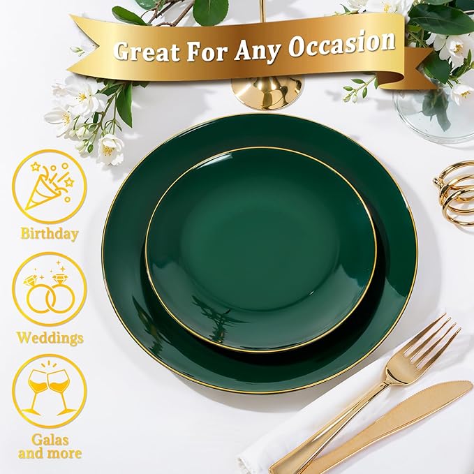 Nervure 100Pcs Green and Gold Plastic Plates - 10.25inch Disposable Green Dinner Plates - Heavy Duty Plastic Plate Ideal for Wedding & Party