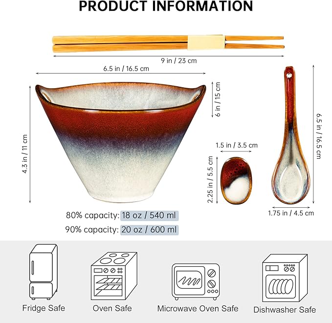 HENXFEN LEAD Japanese Ramen Bowls Set of 2 - Deep Ceramic Noodle Bowls with Spoons, Chopsticks and Holder, 20 Oz Serving Bowls for Pho, Udon, Soup - Reactive Red