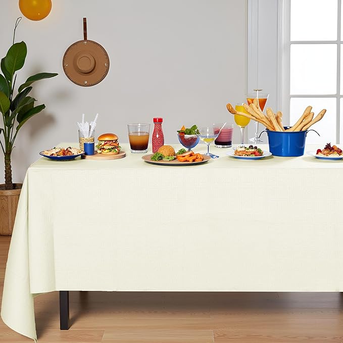 [6 Pack] Cream White Paper Tablecloth Disposable for Rectangle Tables, 54 X 108 Inch Party Table Cover with Plastic Backing, Waterproof 3 Ply Table Cloth for Wedding Buffet Indoor Outdoor