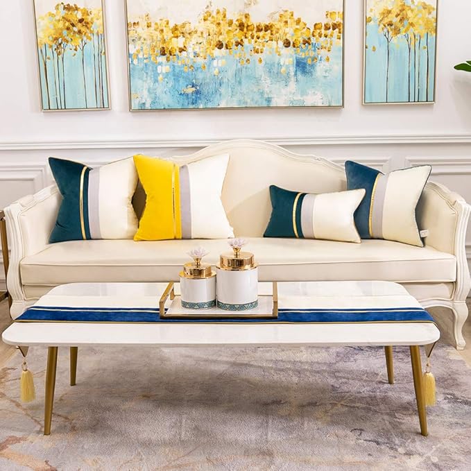 Avigers 12 x 59 Inch Decorative Luxury Navy Blue White Gold Leather Striped Patchwork Velvet Table Runners with Tassels for Home Living Room Bedroom Art Decor Wedding