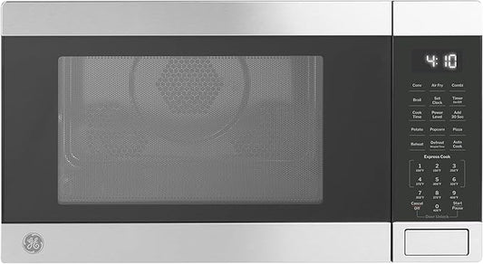 GE GCST10A1WSS 1.0 Cu Ft Convection Microwave Oven, 1050W Countertop Air Fry Microwave with Broil & Crisper Pan, Compact Stainless Steel Design