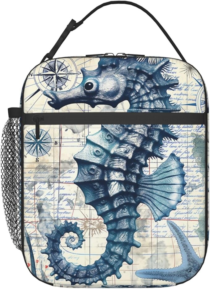 VANZEV Sea Horse Lunch Box for Adults Women Girls Boys Kids Nautical Ocean Animal Theme Lunch Box Insulated Cooler Reusable Lunch Bag Container Gifts for Work Office Picnic Travel School