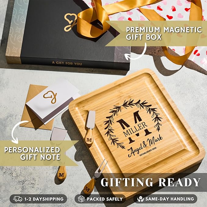 Custom Charcuterie Board - Monogrammed Gifts for Couples, Personalized Cheese Board Gift Set, Bamboo Wooden, Engagement Gifts, New Home Gift Ideas, Wedding Gifts