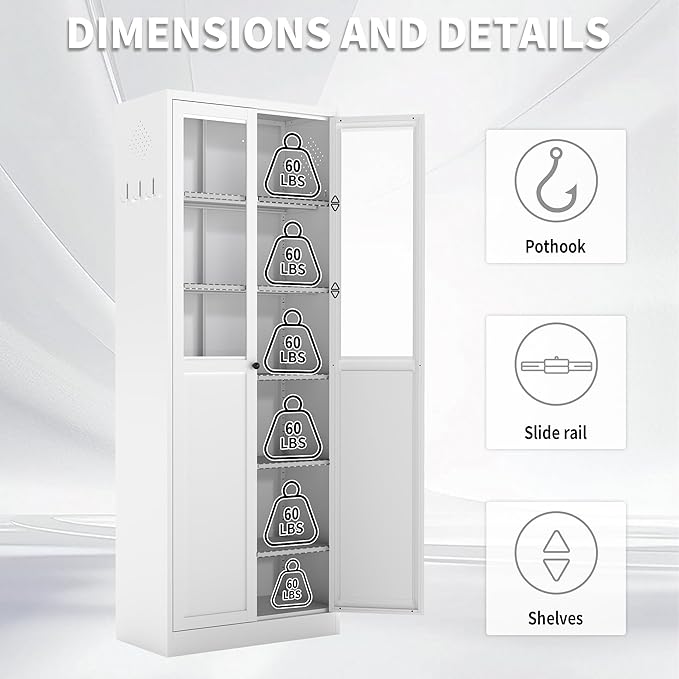 72 Inch Tall Metal Pantry Cabinet, Kitchen Pantry Storage Cabinets with Adjustable Shelves, Metal and Glass Pantry Cabinet for Kitchen Dining Room Living Room Bathroom, White