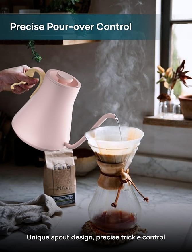 Gooseneck Electric Kettle with 짹1??Temperature Control for Pour Over Coffee & Tea, Quick Heating, BPA-Free Stainless Steel, Built-in Brew Timer, 1500W/0.9L (Munch Pink)