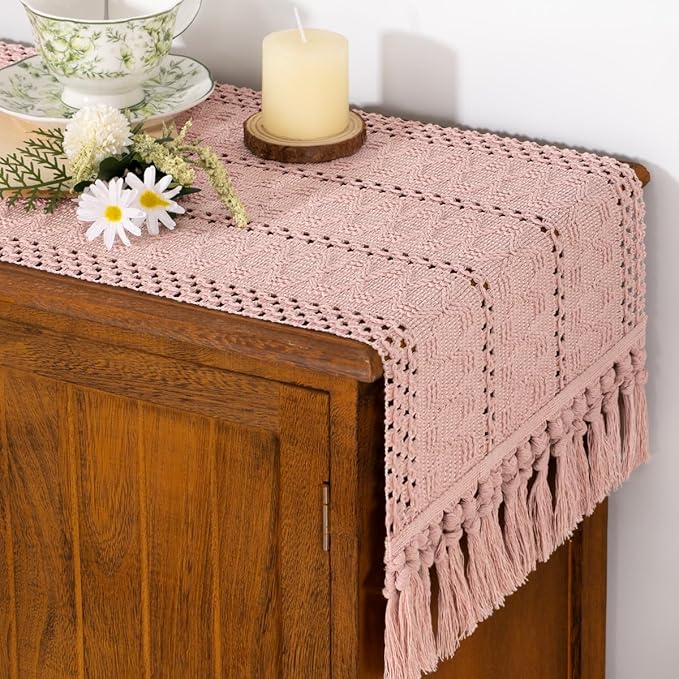 Socomi Boho Table Runner Valentine's Day Farmhouse Rustic Dining Kitchen Centerpiece Decor Small Macrame Woven Cotton Linen Coffee Table Runner for Dresser Scarf Home Decor 12x72 in Pink