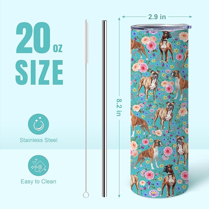 Yogusut Boxer Dog Gifts for Women, 20oz Stainless Steel Insulated Tumbler Travel Mug Cup with Lid Straw Brush, Gifts for Dog Mom Dog Lover
