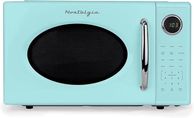 Nostalgia Retro 1000W Microwave Oven 1.1 Cu Ft Capacity ??Child Safety Lock, 8 Auto-Cook Settings ??Countertop Kitchen Appliance ??Aqua
