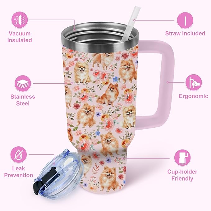 Yogusut Pomeranian Gifts for Women, 40oz Stainless Steel Insulated Tumbler Travel Mug Cup with Handle Straw, Gifts for Dog Mom Dog Lover