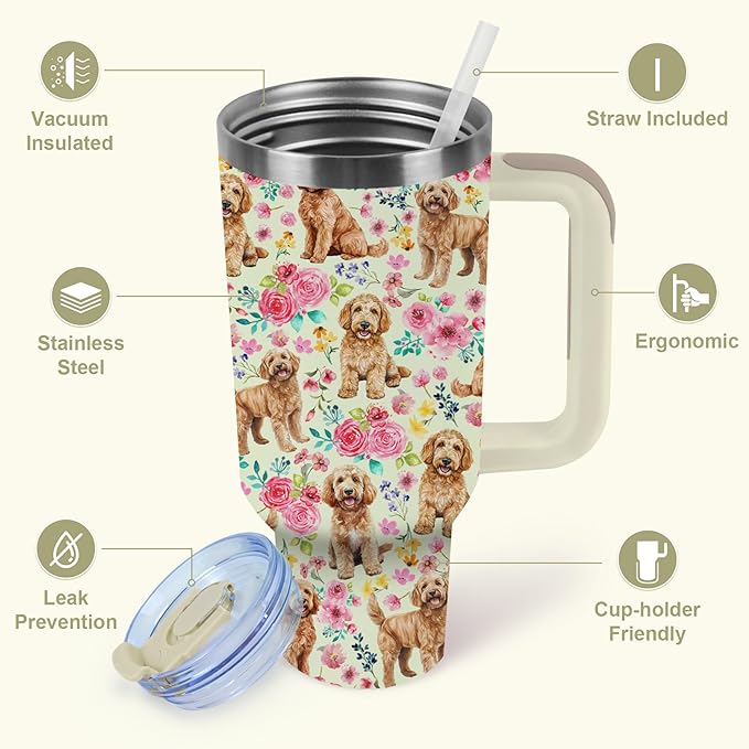 Yogusut Goldendoodle Gifts for Women, 40oz Stainless Steel Insulated Tumbler Travel Mug Cup with Handle Straw, Gifts for Dog Mom Dog Lover