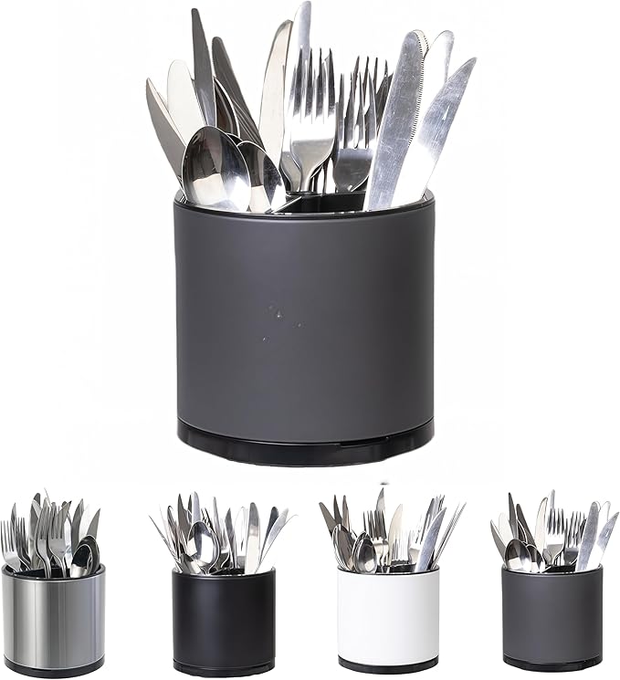 Silverware Organizer Kitchen Utensil Holder 360째Rotating For Counter Organizer Stainless Steel Storage Silverware Caddy 3 Compartment Flatware Spoon Spatula Tool Cutlery Container(Grey)