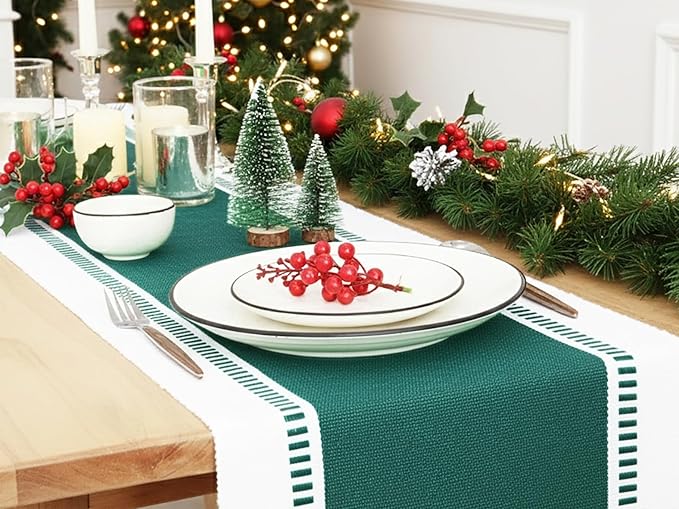 PurpleEssences Table Runner - Wide with Dobby Stripe, Heavy Ribbed Weave & Double Knot Fringes, 14x90 Inch (14x95.5 with Fringes) Farmhouse Decor Christmas Holiday Winter - Forest Green and White