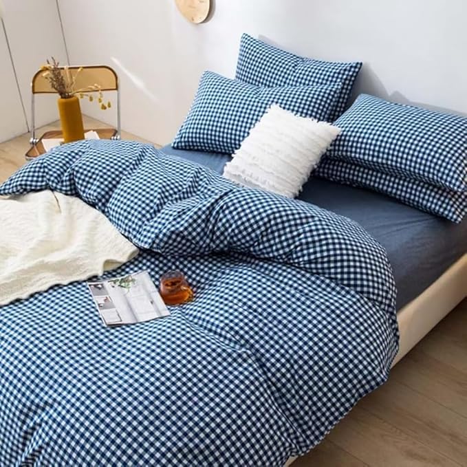 LifeTB Gingham Comforter Set Full 3 Pieces Royal Blue Grid Plaid Comforter Set Soft Fluffy Checkered Pattern Comforter with 2 Pillowcases Farmhouse Gingham Bedding Comforter Full Size for All Season