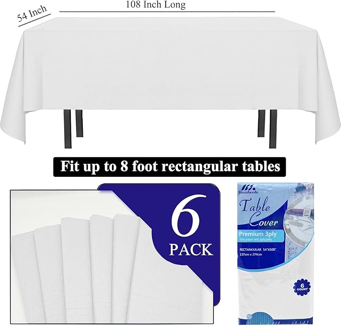 [6 Pack] White Paper Tablecloth Disposable for Rectangle Tables, 54 X 108 Inch Party Table Cover with Plastic Backing, Waterproof 3 Ply Table Cloth for Wedding Valentine's Day Parties