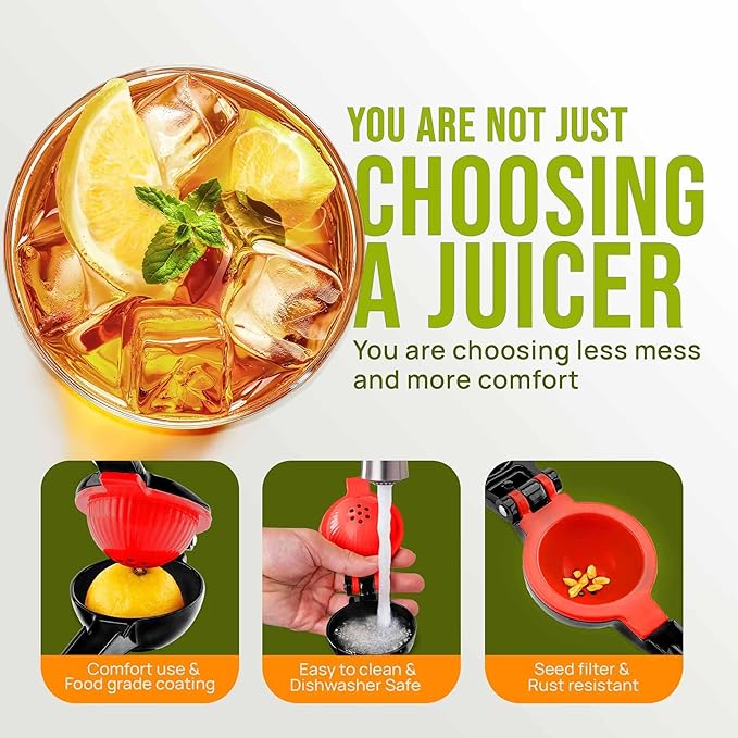 Zulay Kitchen Metal 2-in-1 Lemon Squeezer - Sturdy Max Extraction Hand Juicer Lemon Squeezer Gets Every Last Drop - Easy to Clean Manual Citrus Juicer - Easy-Use Lemon Juicer Squeezer - Black/Red