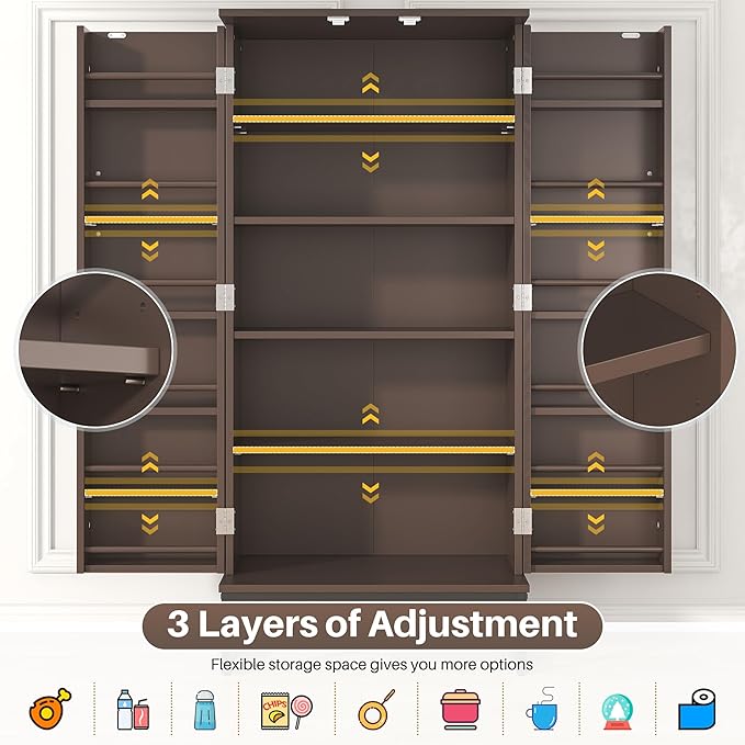 51??Pantry Cabinets, Freestanding Kitchen Pantry Storage Cabinet with Adjustable Shelves, Buffet Cupboards Storage Cabinet for Home Office Use (Brown)