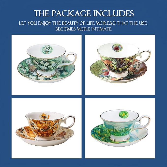 Van Gogh Bone China Set of 4 Cups and Saucers, Coffee Cup and Saucer Set With Gift Box, 7.4-Ounce Art Coffee Mugs Set - Perfect Birthday/Holiday/Wedding Gift