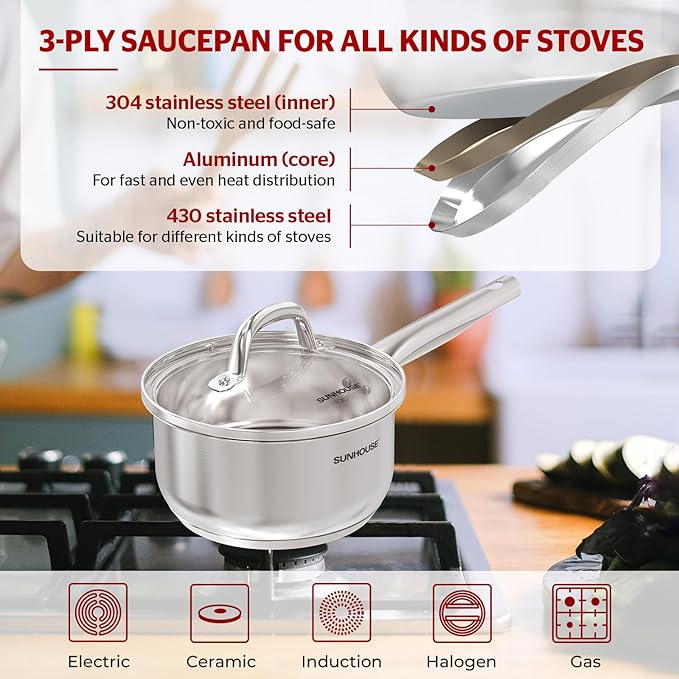 Sunhouse ??2 Quarts Stainless Steel Sauce Pan with Lid - PFOA-FREE, Stainless Steel Sauce Pan, Advanced Impact Bonding Induction Base, Stay-Cool Handle, Compatible with All Cooktops