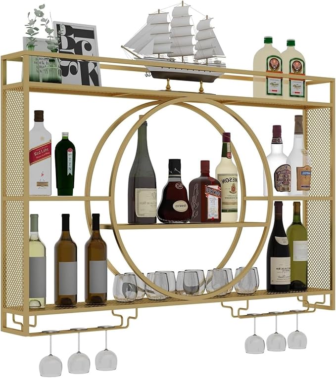 Modern Wine Storage Rack Wall Mounted With LED Light With Wine Glass Holder,Iron Bar Liquor Shelf,Floating Wall Wine Shelves,Bar Liquor Bottle Display Shelf For Kitchen Bar Decoration Gold/Black ( Col