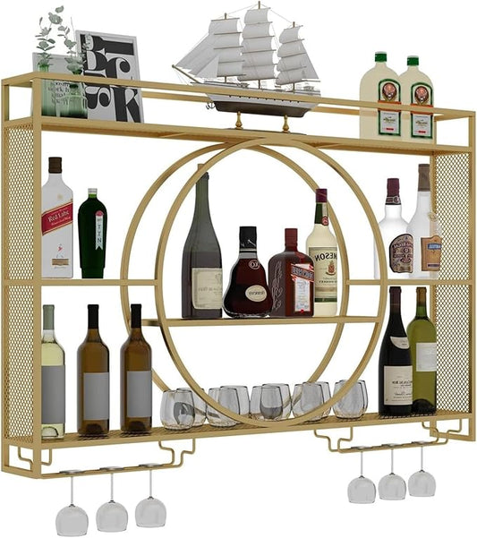 Modern Wine Storage Rack Wall Mounted With LED Light With Wine Glass Holder,Iron Bar Liquor Shelf,Floating Wall Wine Shelves,Bar Liquor Bottle Display Shelf For Kitchen Bar Decoration Gold/Black ( Col