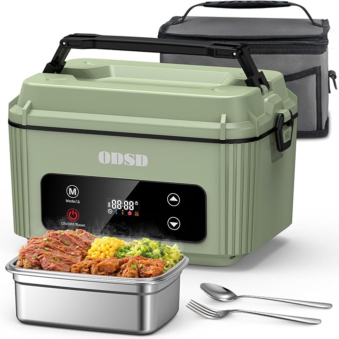 ODSD Cordless Electric Lunch Box for Adults, Heated Lunch Box 130min Battery Life, Self-Heating Portable Electric Food Warmer with 1.2L SS Container for Truck, Office, or Outdoor Worksite