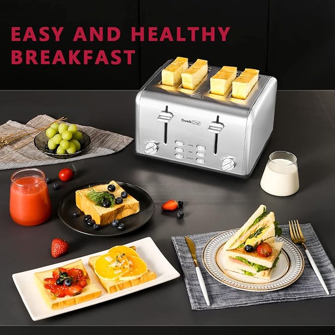 Toaster 4 Slice, Geek Chef Stainless Steel Toaster with Extra Wide Slotsï¼? Slot Toaster with Bagel/Defrost/Cancel Function, Dual Control Panel of 6 Toasting Bread Shade Settings, Removable Crumb Trays, High Lift Lever, ETL