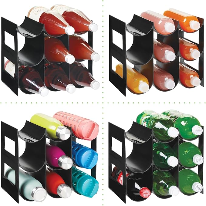 mDesign Plastic Water Bottle Organization/Wine Rack Storage Organizer for Kitchen Countertops, Cabinet, Bin, Pantry, Fridge, Refrigerator, 3 Tiers, 9 Bottles, Lumiere Collection - Black