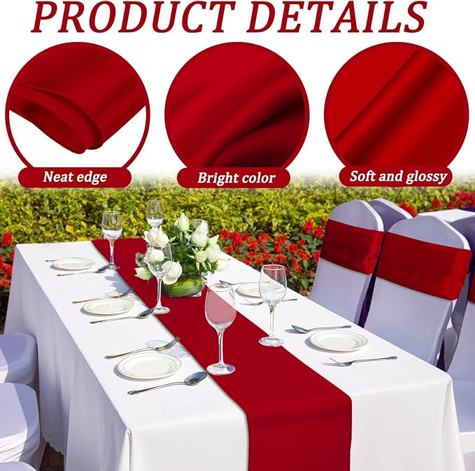 Bencailor 12 Pcs Red Satin Table Runner Bulk 12 x 108 Inches Long Table Runners Bright Smooth Fabric Tablecloth for Wedding Banquet Birthday Valentines St Patrick's Day Party Decorations