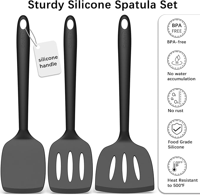 Coukre 3 Pack Silicone Spatula Set, High Heat Resistant, BPA-Free, Fish Spatula, Solid & Slotted Turner for Non-Stick Pans, Flipping Eggs, Pancakes, Fish, Burgers (3, Black)