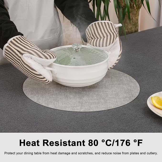 Myir JUN Reversible Vinyl Round Placemats Set of 4, Faux Leather Place Mats Dual Sided Waterproof Oilproof Wipeable, Heat-Resistant Table Mats for Kitchen Dining Indoor Outdoor (14", Light Gray Beige)