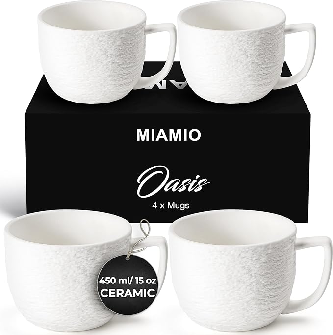 MIAMIO - Coffee Mug Set of 4 x 450 ml Cups/White Mugs Ceramic with Embossed Rock Texture for Coffee, Latte, Tea - Oasis Collection