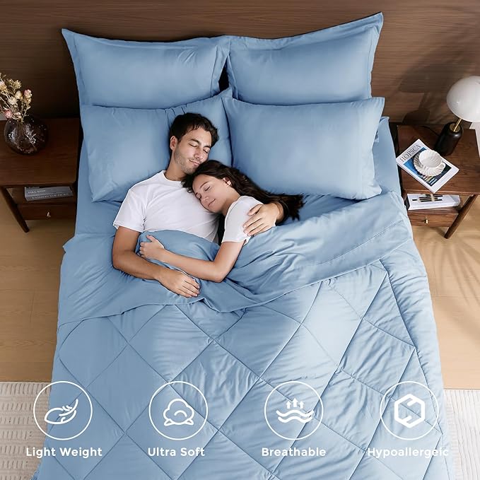 HEVUMYI Light Blue Full Comforter Set - 7-Piece All Season Bed in a Bag Full, Ultra Soft Bedding Set with Comforter, Flat Sheet, Fitted Sheet, Pillowcases, Pillow Shams