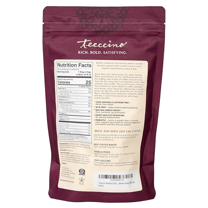 Teeccino Hazelnut Chicory Coffee Alternative - Ground Herbal Coffee That?™s Prebiotic, Caffeine Free & Acid Free, Medium Roast, 1.1 Pound