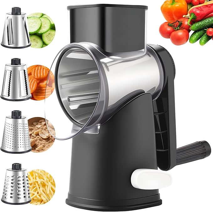 Weltonhm Rotary Cheese Graters with 4 Blades, Hand Crank Cheese Grater with Waffle Slicer, Red, Black and White Cheese Shredder with Suction Base, Easier for Shredding & Grating (Black, 4 Graters)