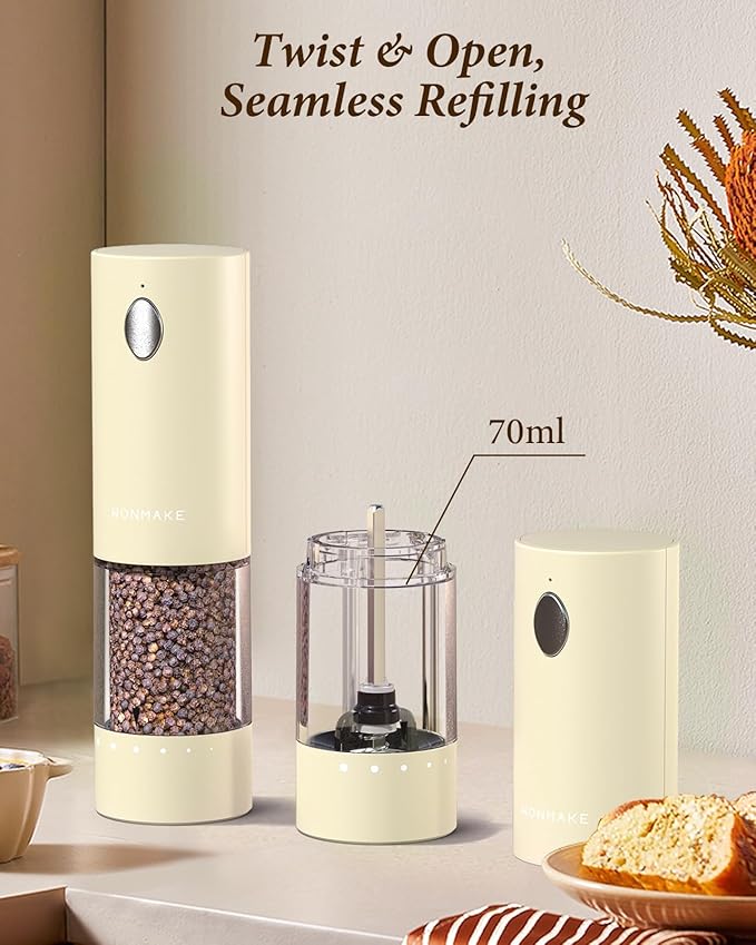 Electric Salt and Pepper Grinder Set - Automatic Refillable Salt and Pepper Grinders with Charging Base & LED Light, 6-Level Adjustable Coarseness with External Dial, Ideal Kitchen Gadget竊똁eige