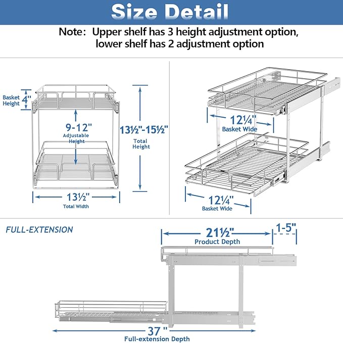 2 Tier Individual Pull Out Cabinet Organizer 13쩍" W x 21쩍" D, Heavy Duty Cabinet Pull Out Shelves, Slide Out Drawers Organization for Kitchen Cabinets Bathroom