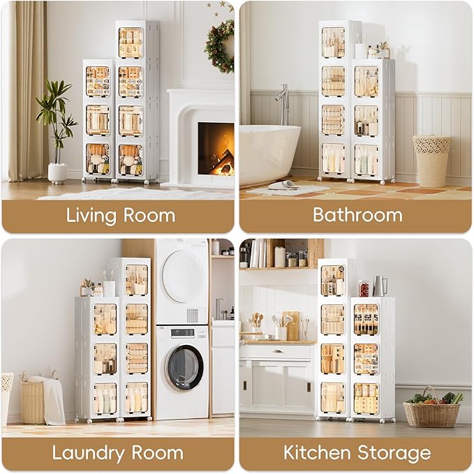 JEKO&JEKO Narrow Bathroom Storage Cabinet, 3-Tier Slim Tall Cabinet Organizer with Wheels, Foldable Plastic Storage for Small Spaces, White