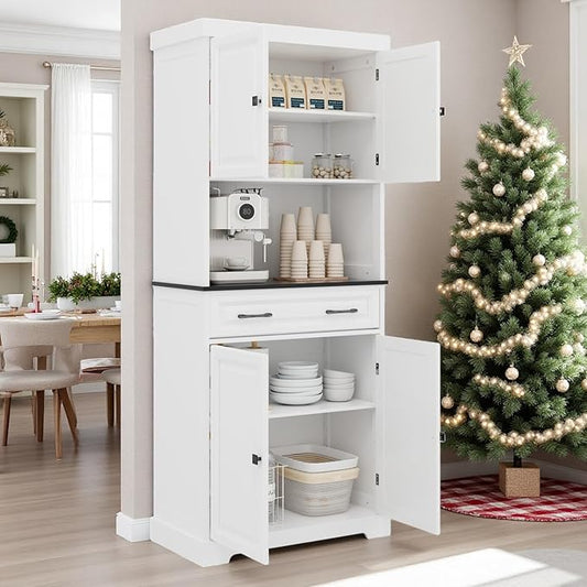 71" Kitchen Pantry Cabinet with Drawer, Kitchen Hutch Cabinet with 4 Doors, Wire Hole & Adjustable Shelves, Tall Bathroom Cabinets Freestanding Cupboard White Wood Storage Cabinets