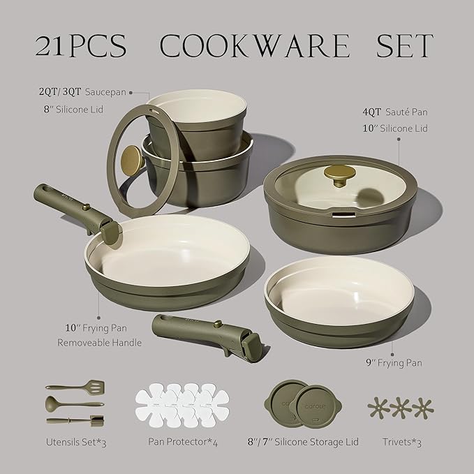 Carote 21pcs Ceramic Cookware Set with Detachable Handles, Pots and Pans Set Non Stick, RV Kitchen Cooking Pot and Pan, Dishwasher Safe, Non-toxic Induction Cookware PFAS and PFOA Free, Green