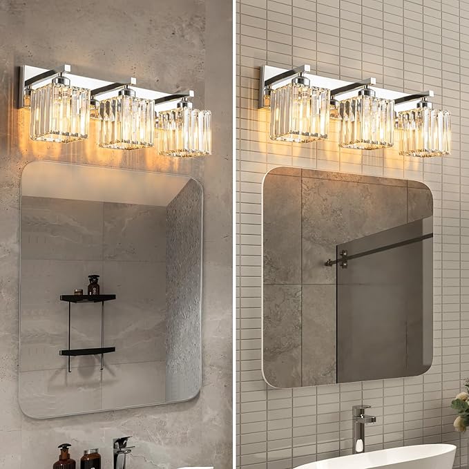 Modern Bathroom Vanity Light 3-Lights Chrome Crystal Bathroom Wall Light Vanity Light Fixturesï¼?0.47-inch Modern Minimalist Design